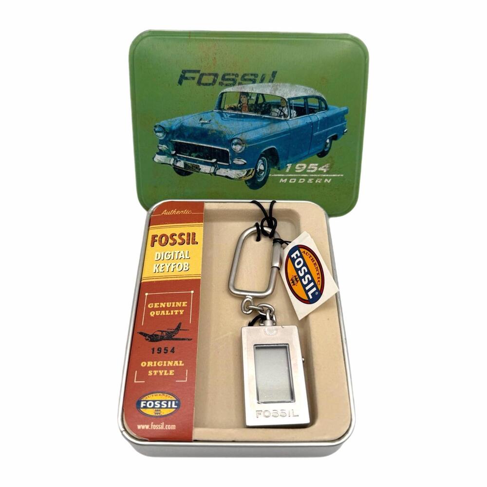 Vintage Fossil 1954 Modern Digital KeyFob + Metal Tin Box - Collectible